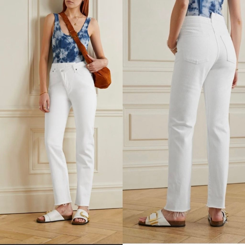 Agolde Criss Cross Straight High Rise White Jeans NWT | Asymmetrical Waist - 27
